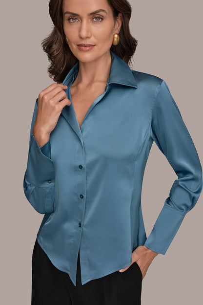 SATIN HIGH-LOW BLOUSE - Washed Indigo