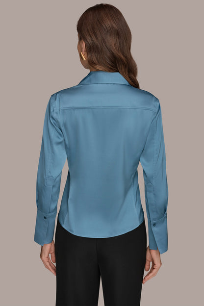 SATIN HIGH-LOW BLOUSE - Washed Indigo