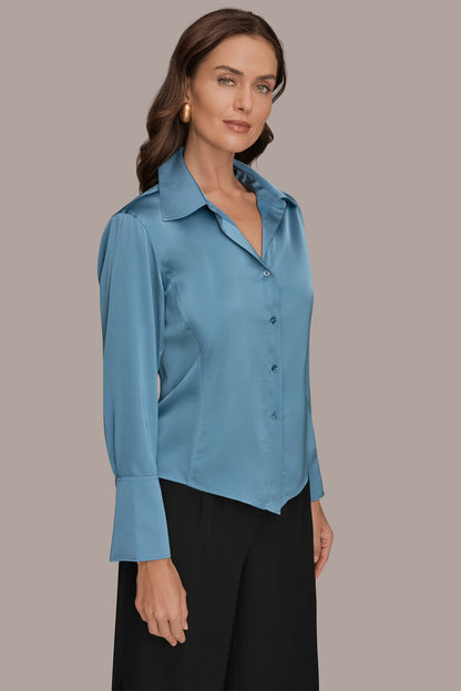 SATIN HIGH-LOW BLOUSE - Washed Indigo