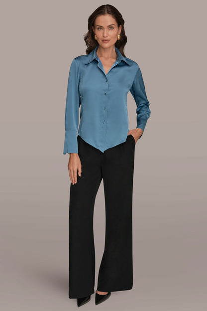 SATIN HIGH-LOW BLOUSE - Washed Indigo