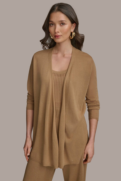 LONG SLEEVE RIB OPEN CARDIGAN - Hazelnut