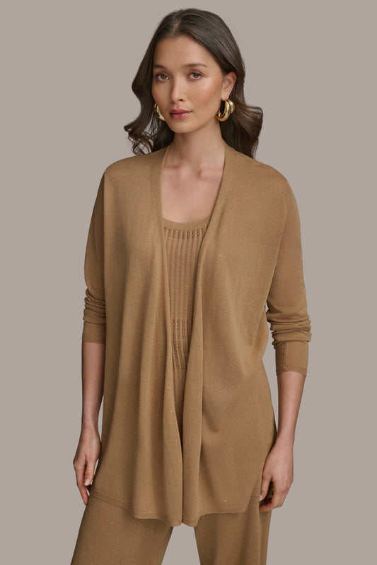 LONG SLEEVE RIB OPEN CARDIGAN - Hazelnut