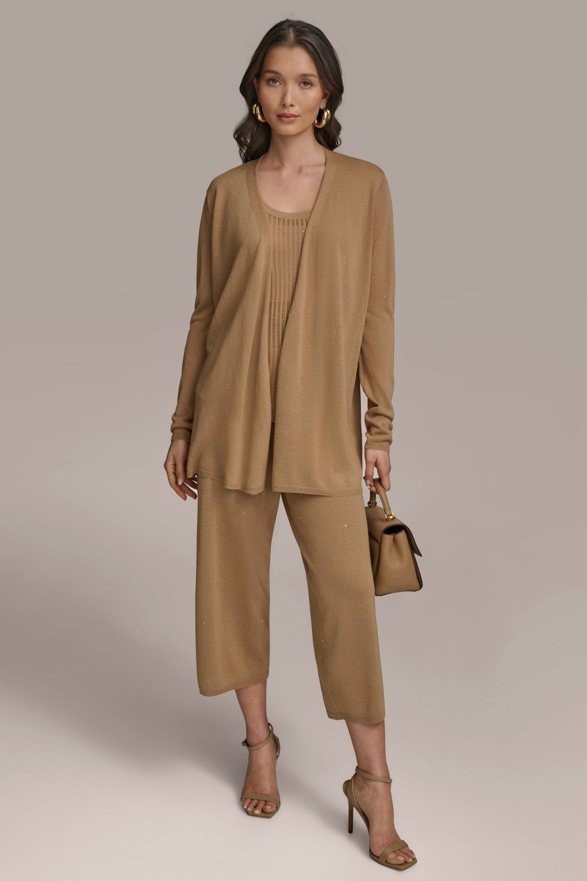 LONG SLEEVE RIB OPEN CARDIGAN - Hazelnut