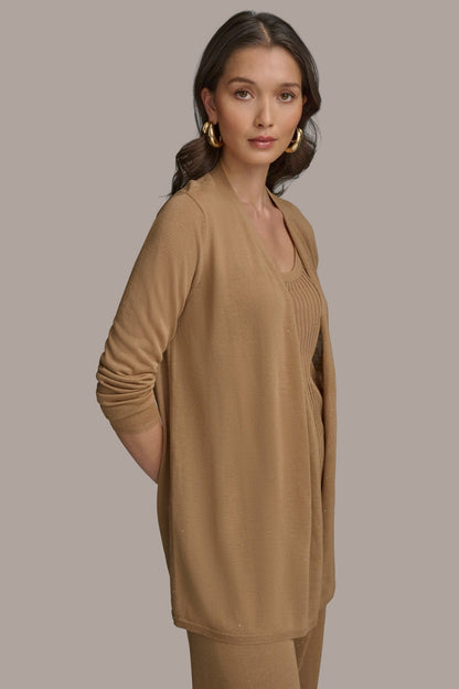 LONG SLEEVE RIB OPEN CARDIGAN - Hazelnut
