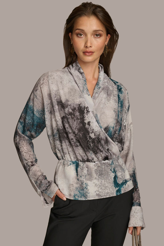 PRINTED FAUX WRAP BLOUSE - PEACOCK MULTI