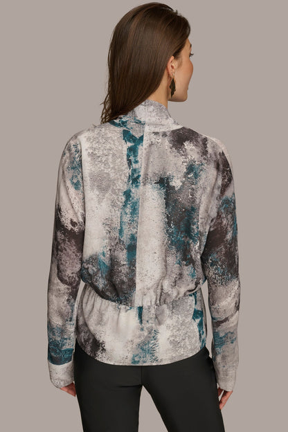 PRINTED FAUX WRAP BLOUSE - PEACOCK MULTI