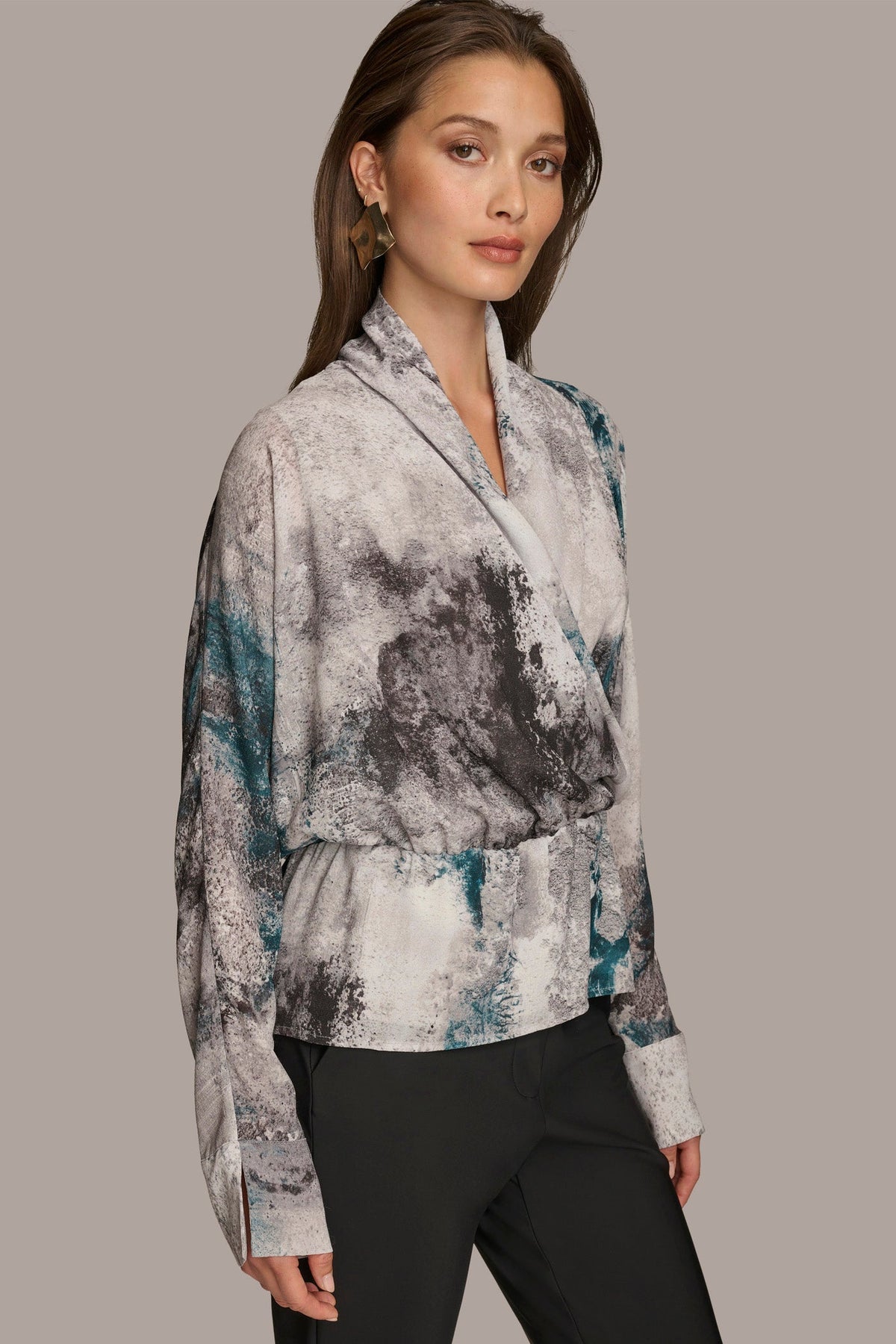 PRINTED FAUX WRAP BLOUSE - PEACOCK MULTI