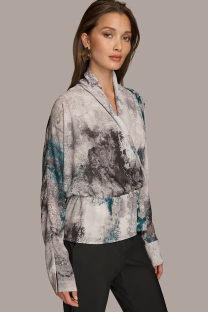 PRINTED FAUX WRAP BLOUSE - PEACOCK MULTI