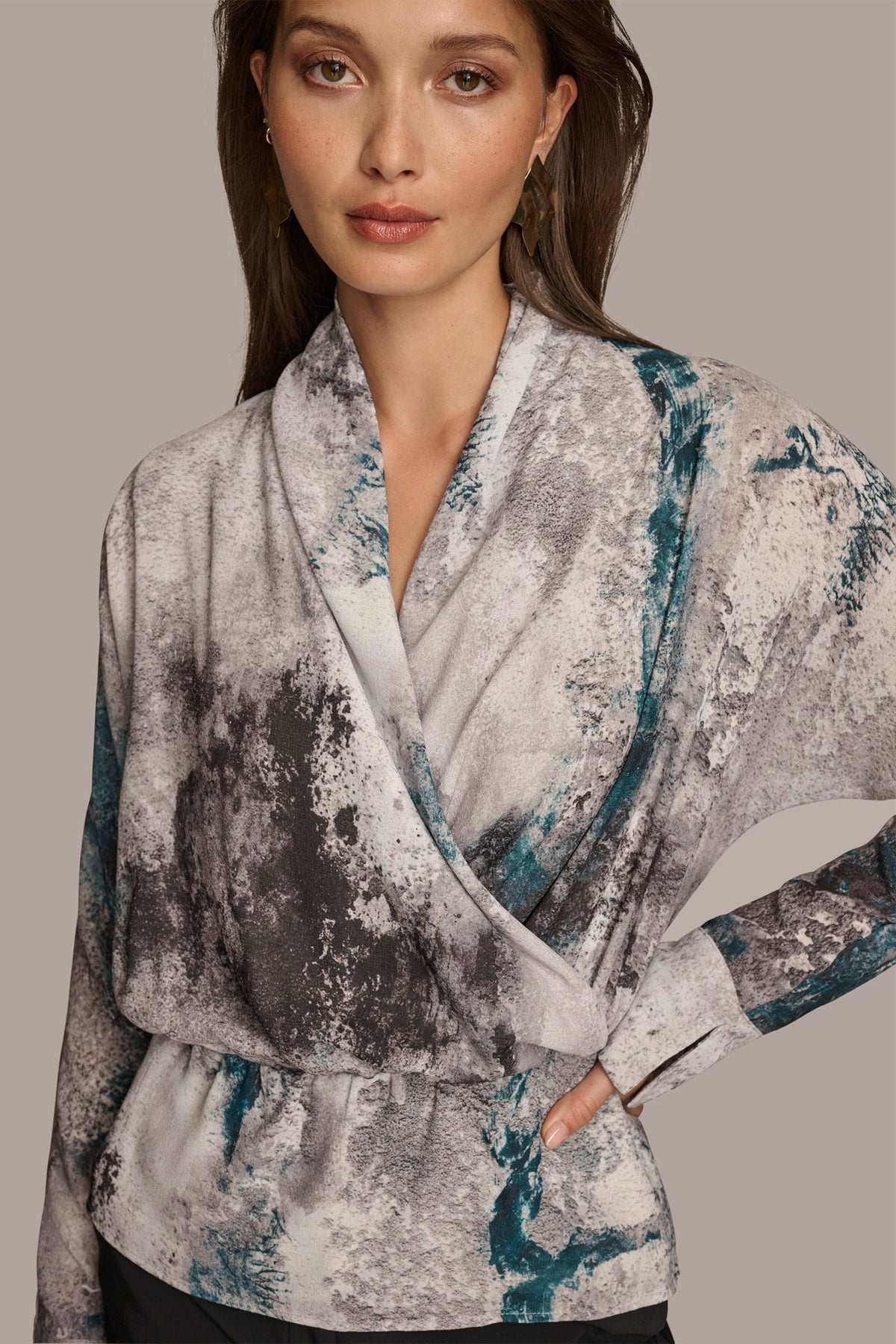PRINTED FAUX WRAP BLOUSE - PEACOCK MULTI