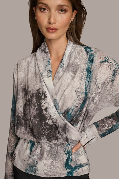 PRINTED FAUX WRAP BLOUSE - PEACOCK MULTI