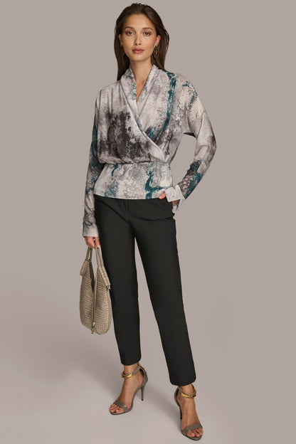 PRINTED FAUX WRAP BLOUSE - PEACOCK MULTI