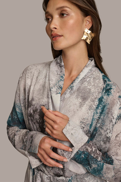 PRINTED FAUX WRAP BLOUSE - PEACOCK MULTI