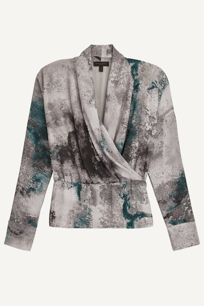 PRINTED FAUX WRAP BLOUSE - PEACOCK MULTI