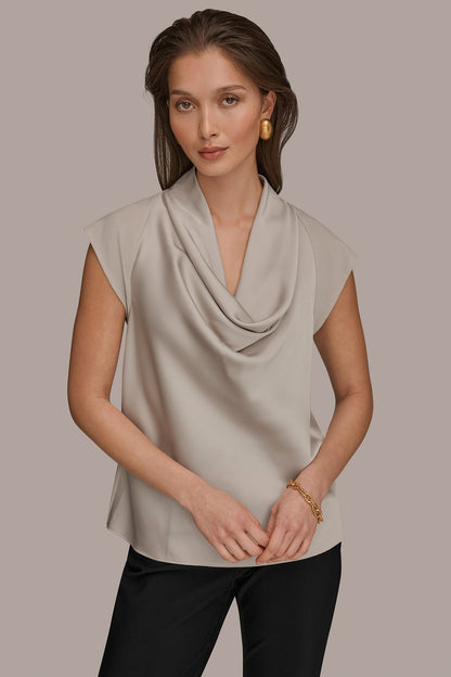MIXED MEDIA COWL-NECK TOP - Tuscan Grey