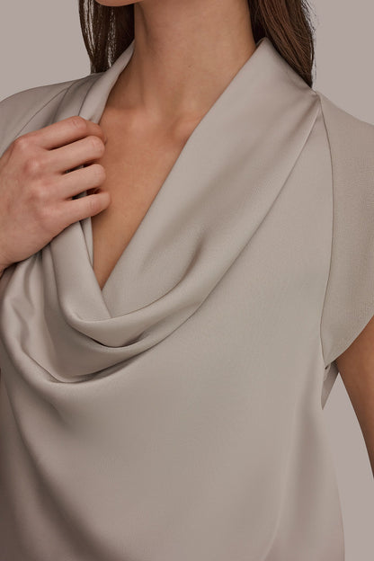 MIXED MEDIA COWL-NECK TOP - Tuscan Grey