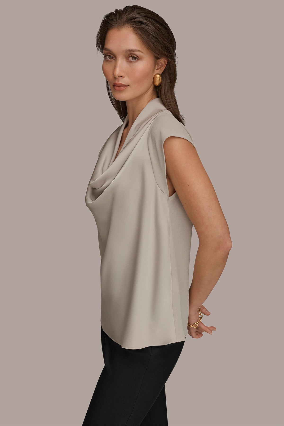 MIXED MEDIA COWL-NECK TOP - Tuscan Grey