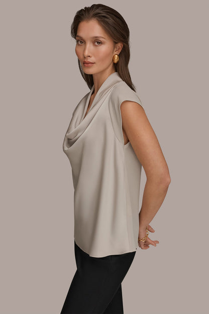 MIXED MEDIA COWL-NECK TOP - Tuscan Grey
