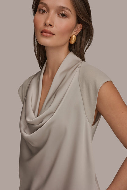 MIXED MEDIA COWL-NECK TOP - Tuscan Grey