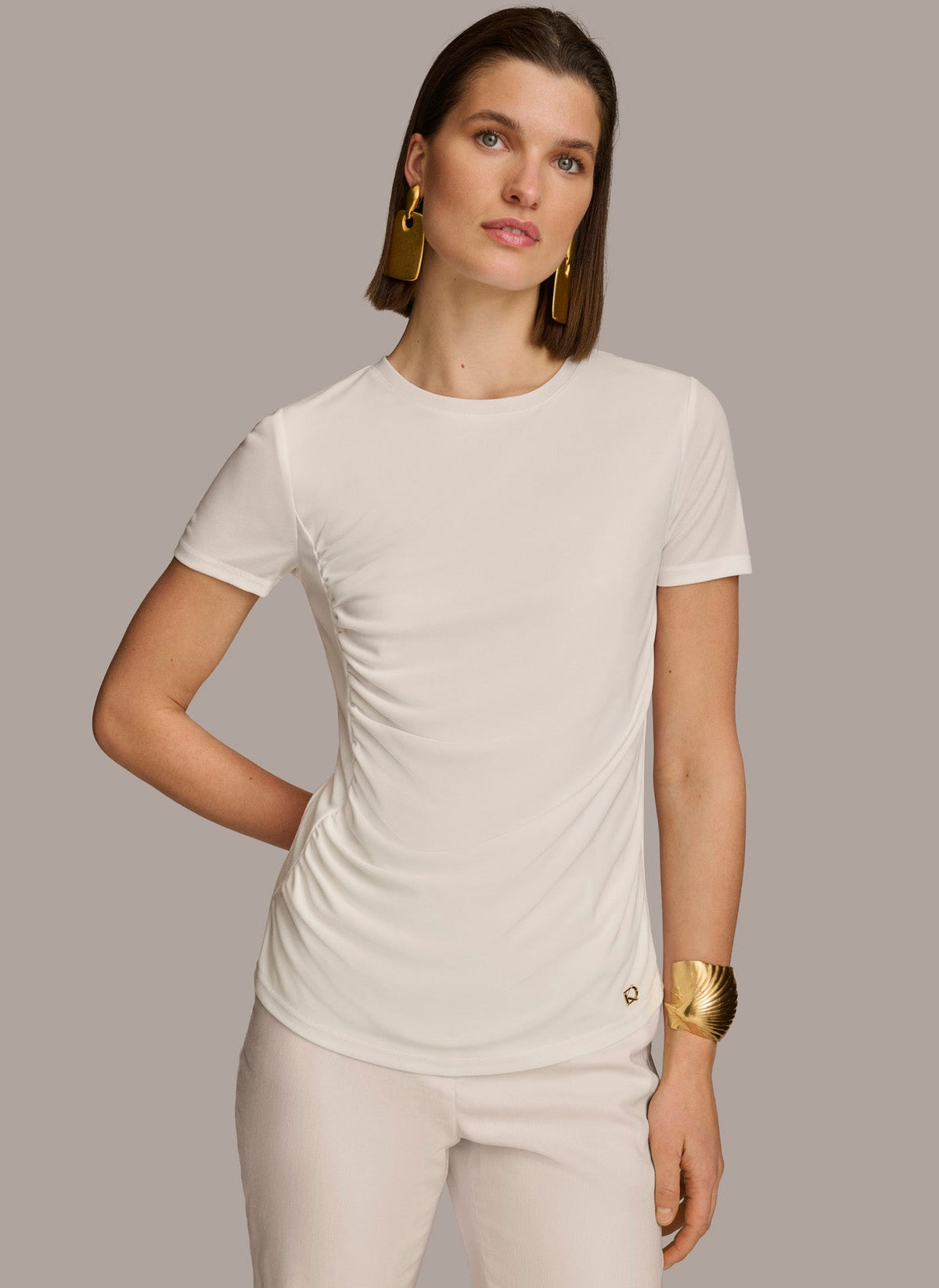 CREW NECK RUCHED TEE - Cream