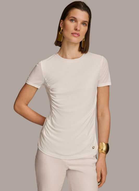 CREW NECK RUCHED TEE - Cream