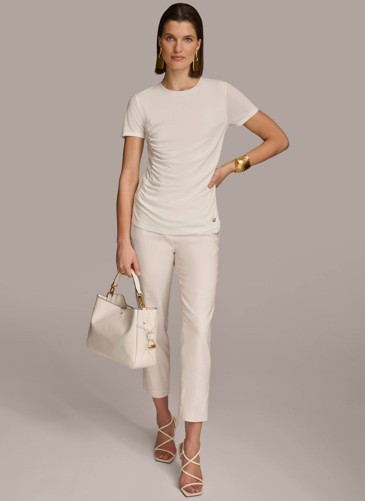 CREW NECK RUCHED TEE - Cream