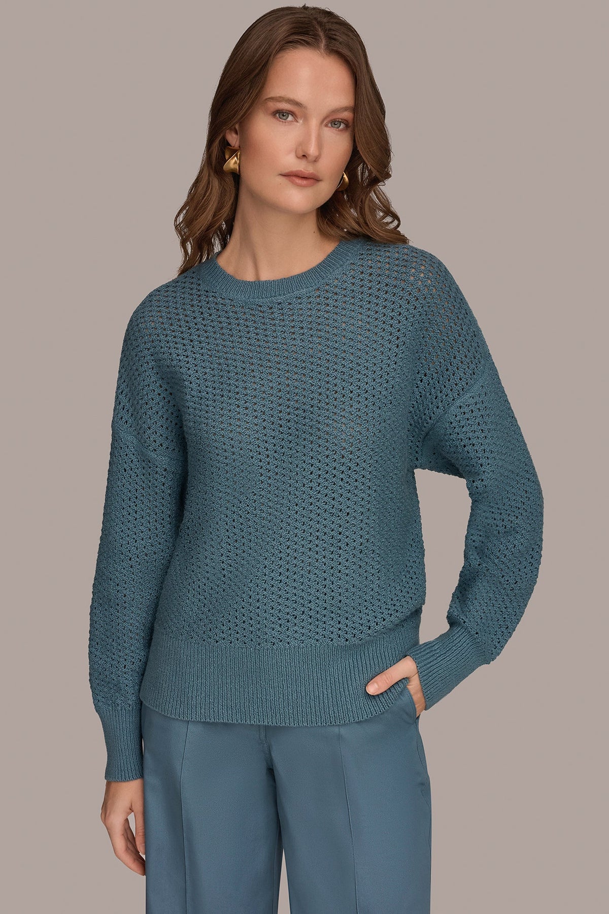 LONG SLEEVE OPEN STITCH SWEATER - Washed Indigo