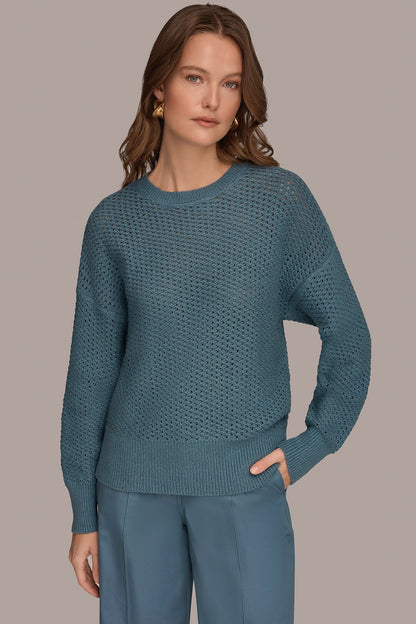 LONG SLEEVE OPEN STITCH SWEATER - Washed Indigo