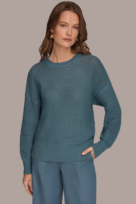 LONG SLEEVE OPEN STITCH SWEATER - Washed Indigo