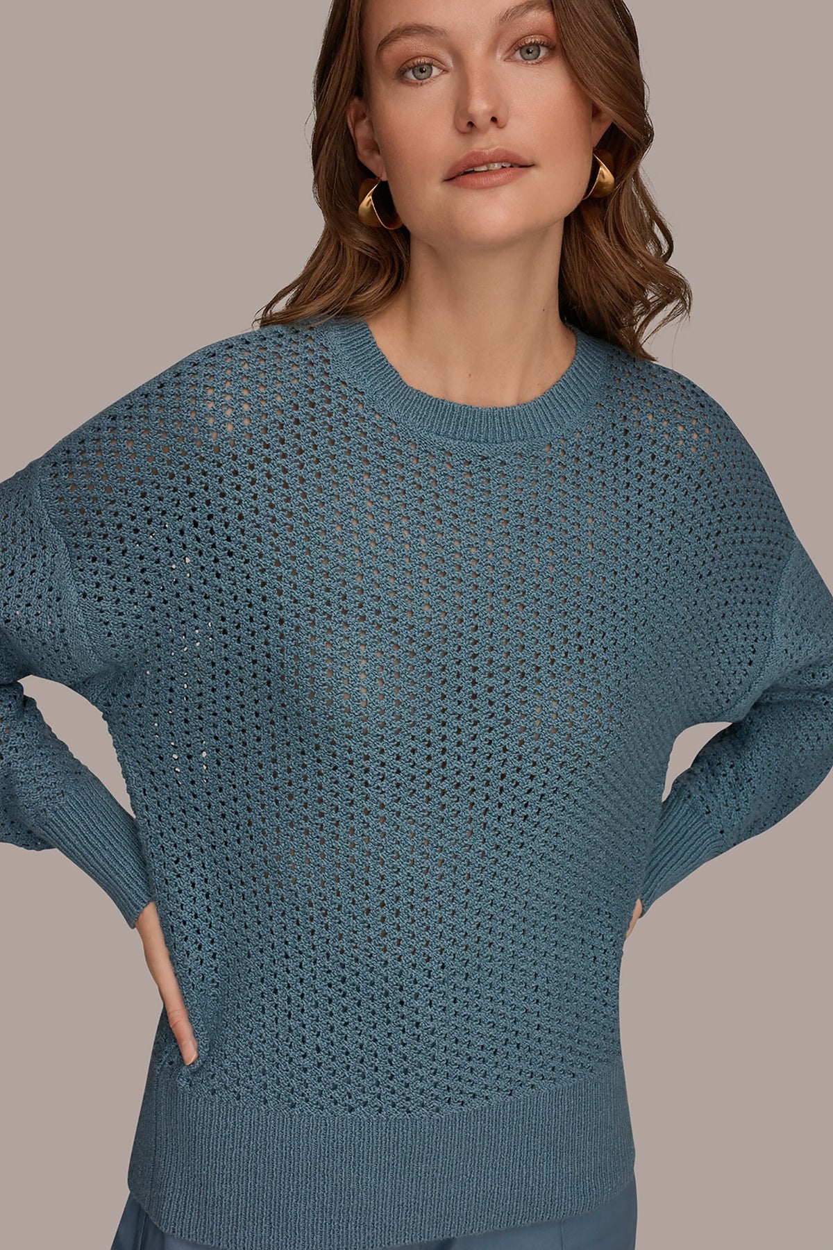 LONG SLEEVE OPEN STITCH SWEATER - Washed Indigo