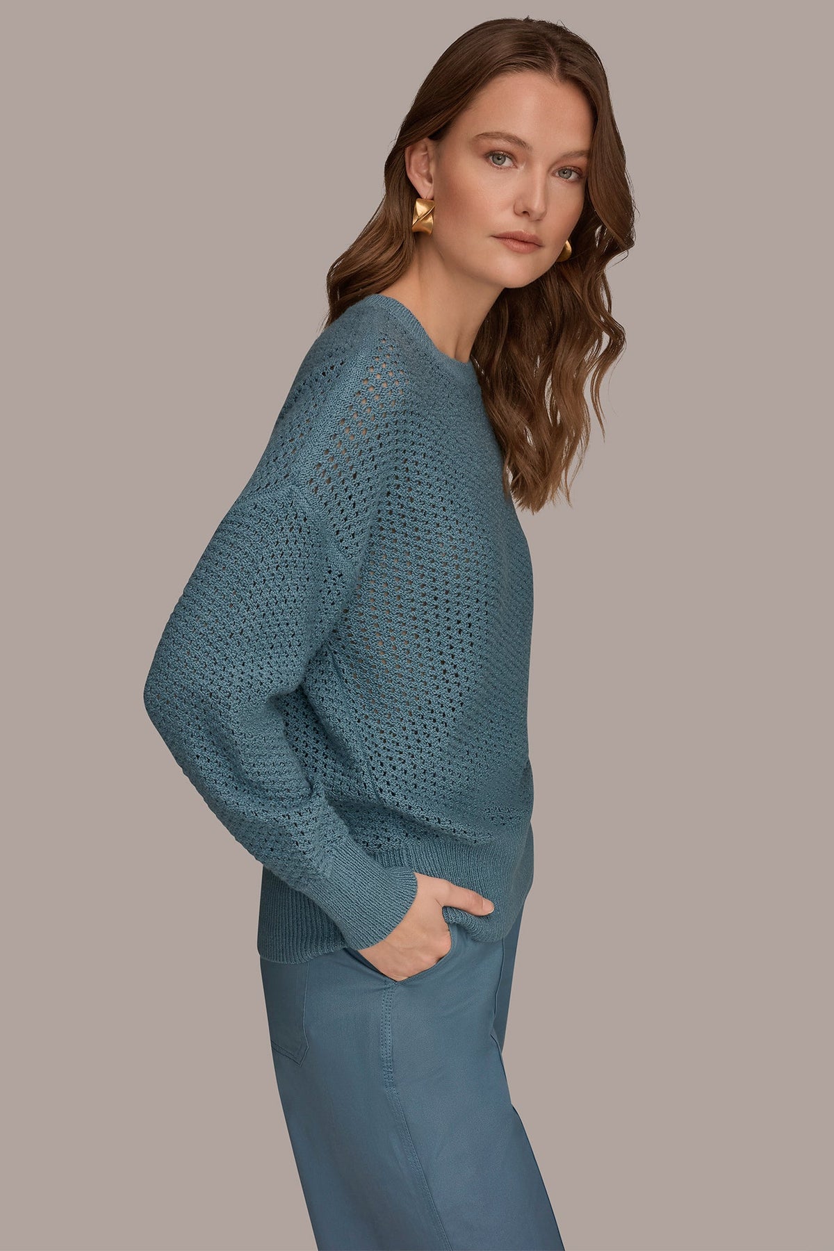LONG SLEEVE OPEN STITCH SWEATER - Washed Indigo