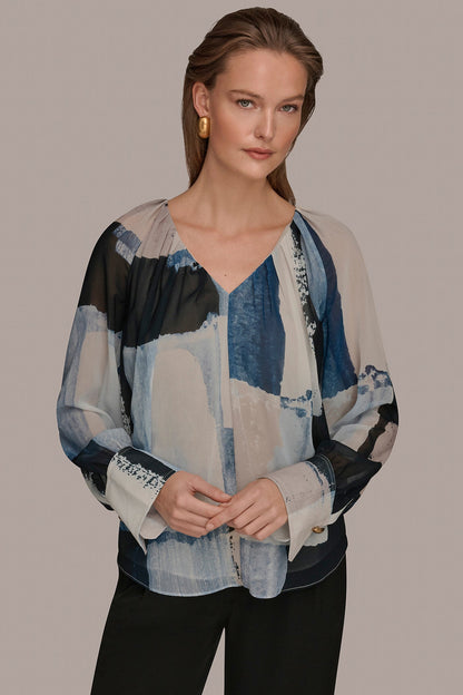 PRINTED CHIFFON TOP - Washed Indigo/Cream Multi