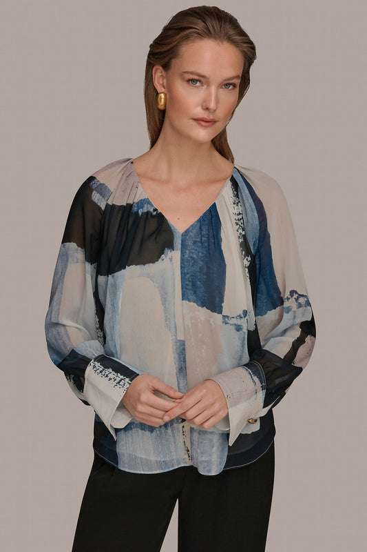 PRINTED CHIFFON TOP - Washed Indigo/Cream Multi