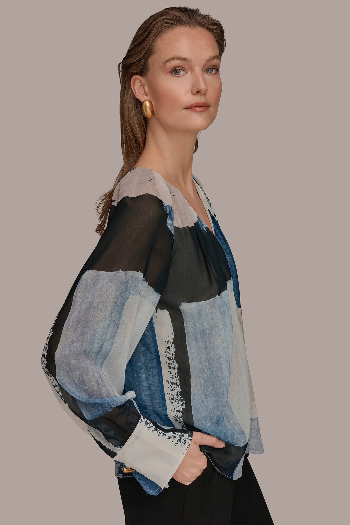 PRINTED CHIFFON TOP - Washed Indigo/Cream Multi