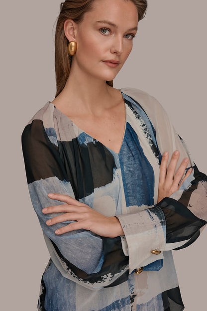 PRINTED CHIFFON TOP - Washed Indigo/Cream Multi
