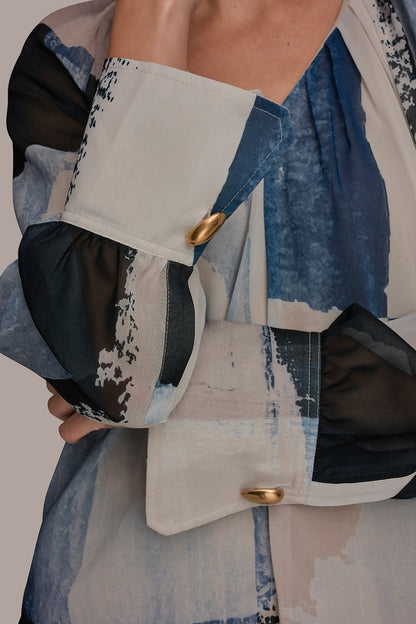 PRINTED CHIFFON TOP - Washed Indigo/Cream Multi