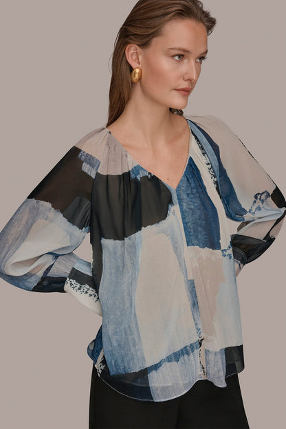 PRINTED CHIFFON TOP - Washed Indigo/Cream Multi