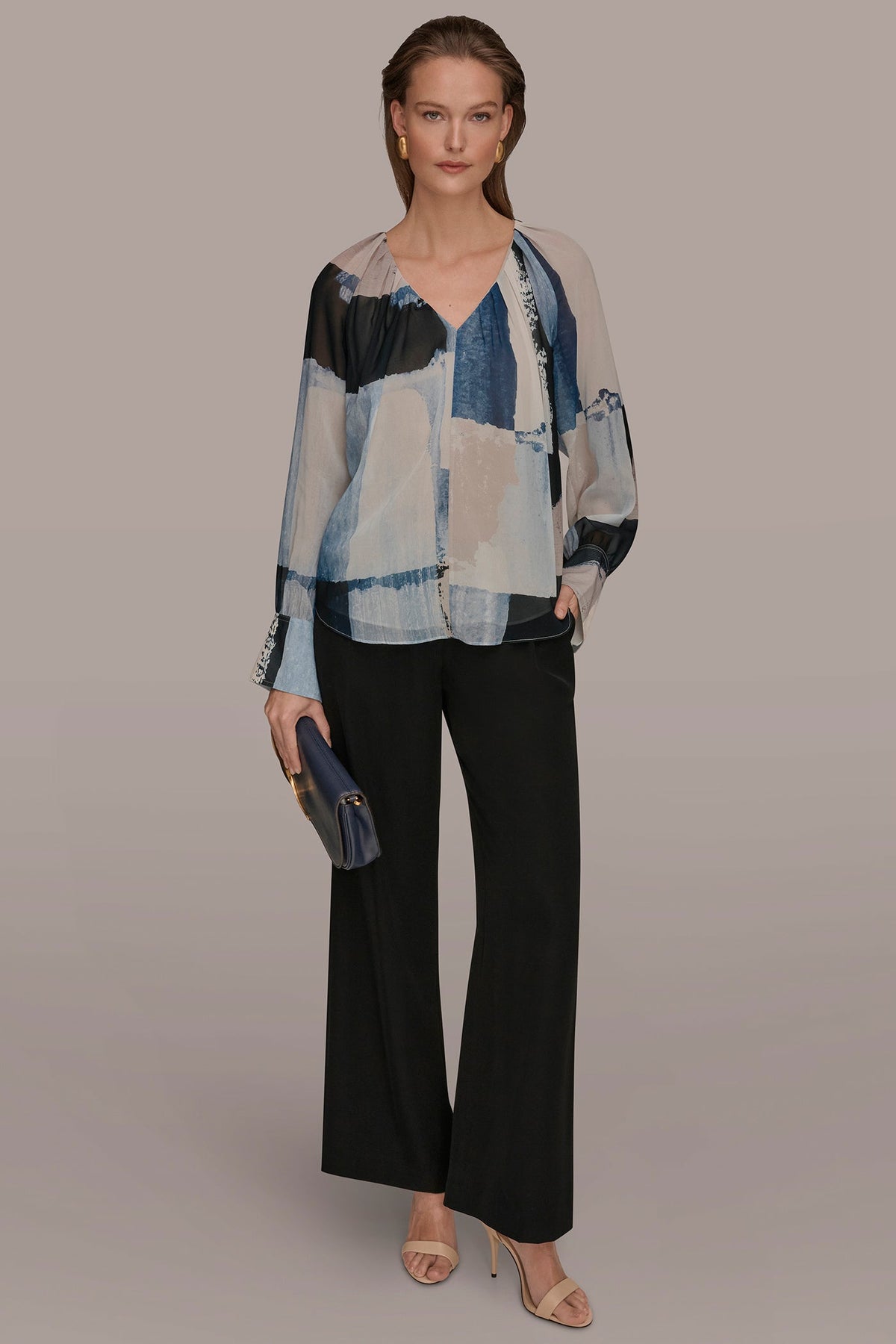 PRINTED CHIFFON TOP - Washed Indigo/Cream Multi