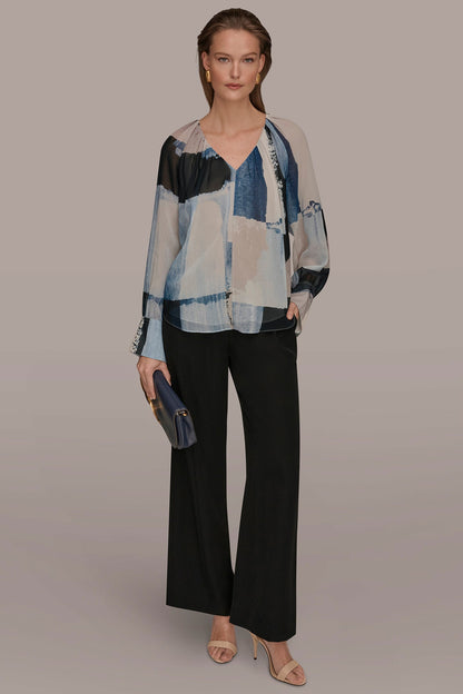 PRINTED CHIFFON TOP - Washed Indigo/Cream Multi