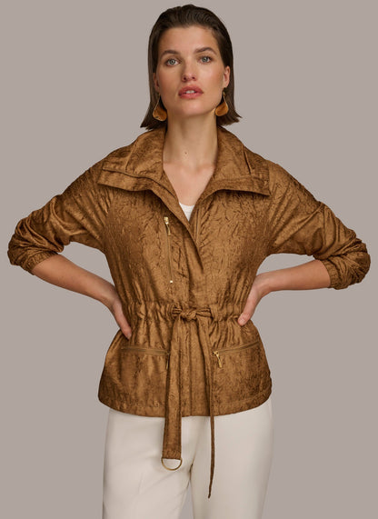 TEXTURE BELTED WRAP JACKET - Bronze