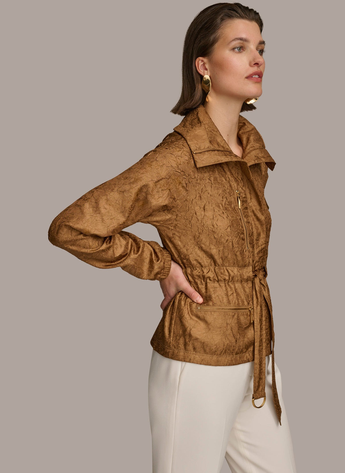 TEXTURE BELTED WRAP JACKET - Bronze