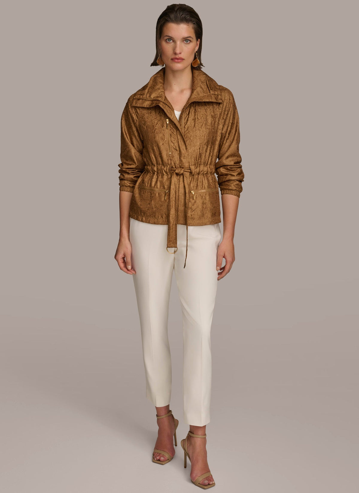 TEXTURE BELTED WRAP JACKET - Bronze