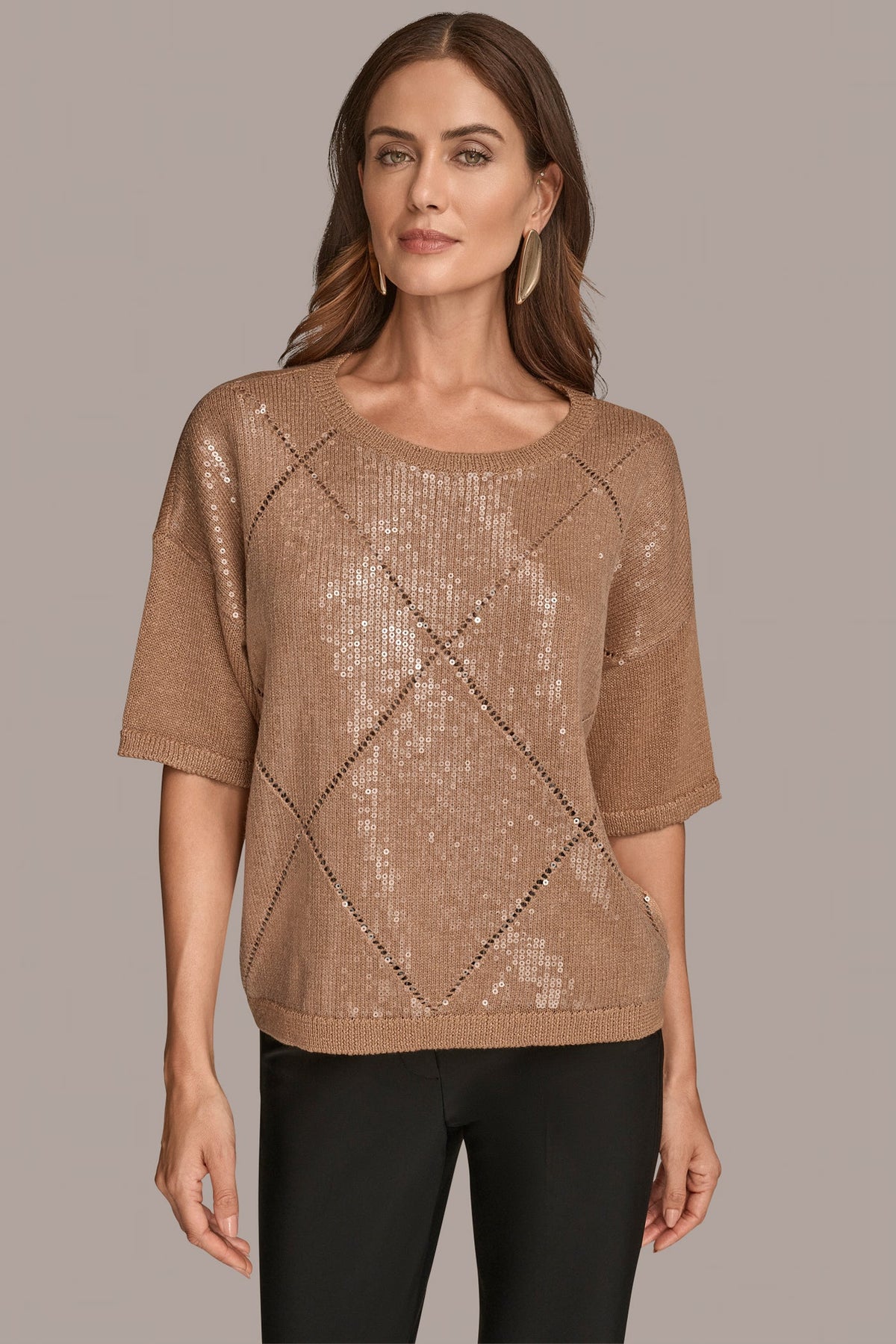 ELBOW-SLEEVE SEQUIN SWEATER - FAWN