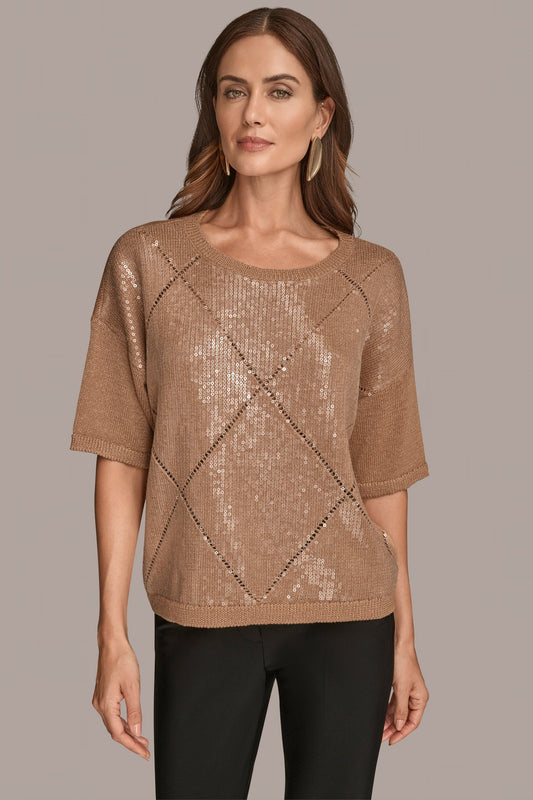 ELBOW-SLEEVE SEQUIN SWEATER - FAWN