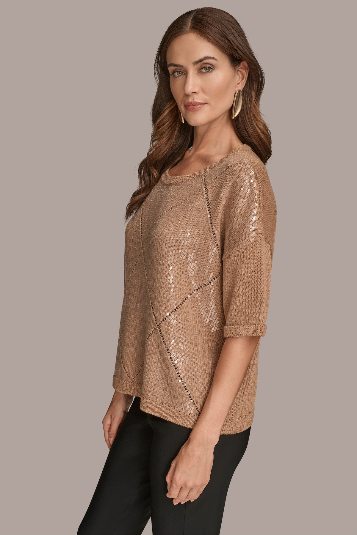 ELBOW-SLEEVE SEQUIN SWEATER - FAWN