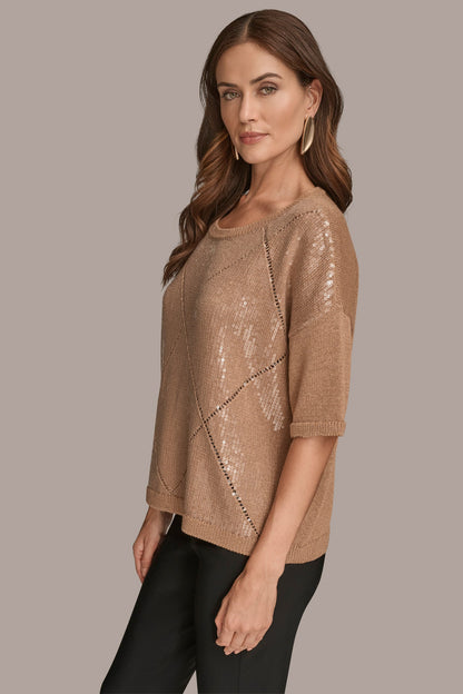 ELBOW-SLEEVE SEQUIN SWEATER - FAWN