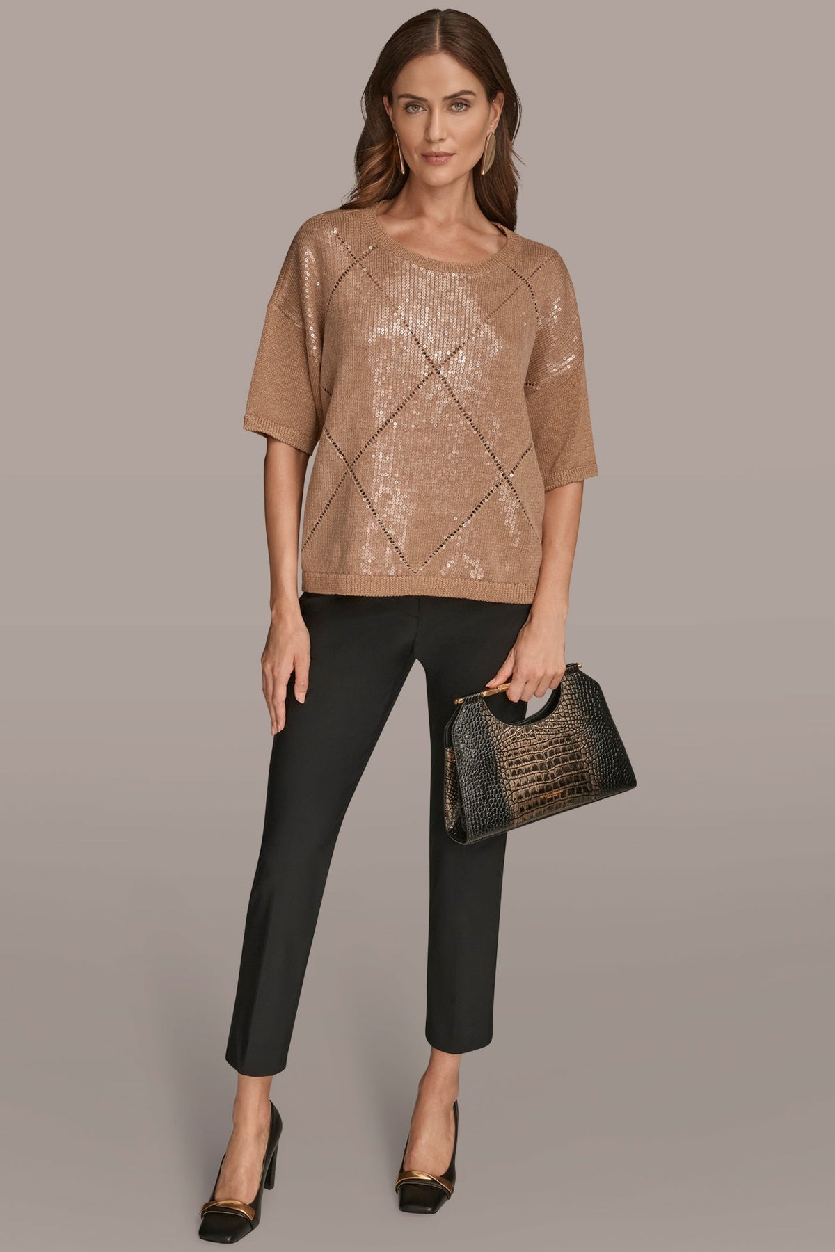 ELBOW-SLEEVE SEQUIN SWEATER - FAWN