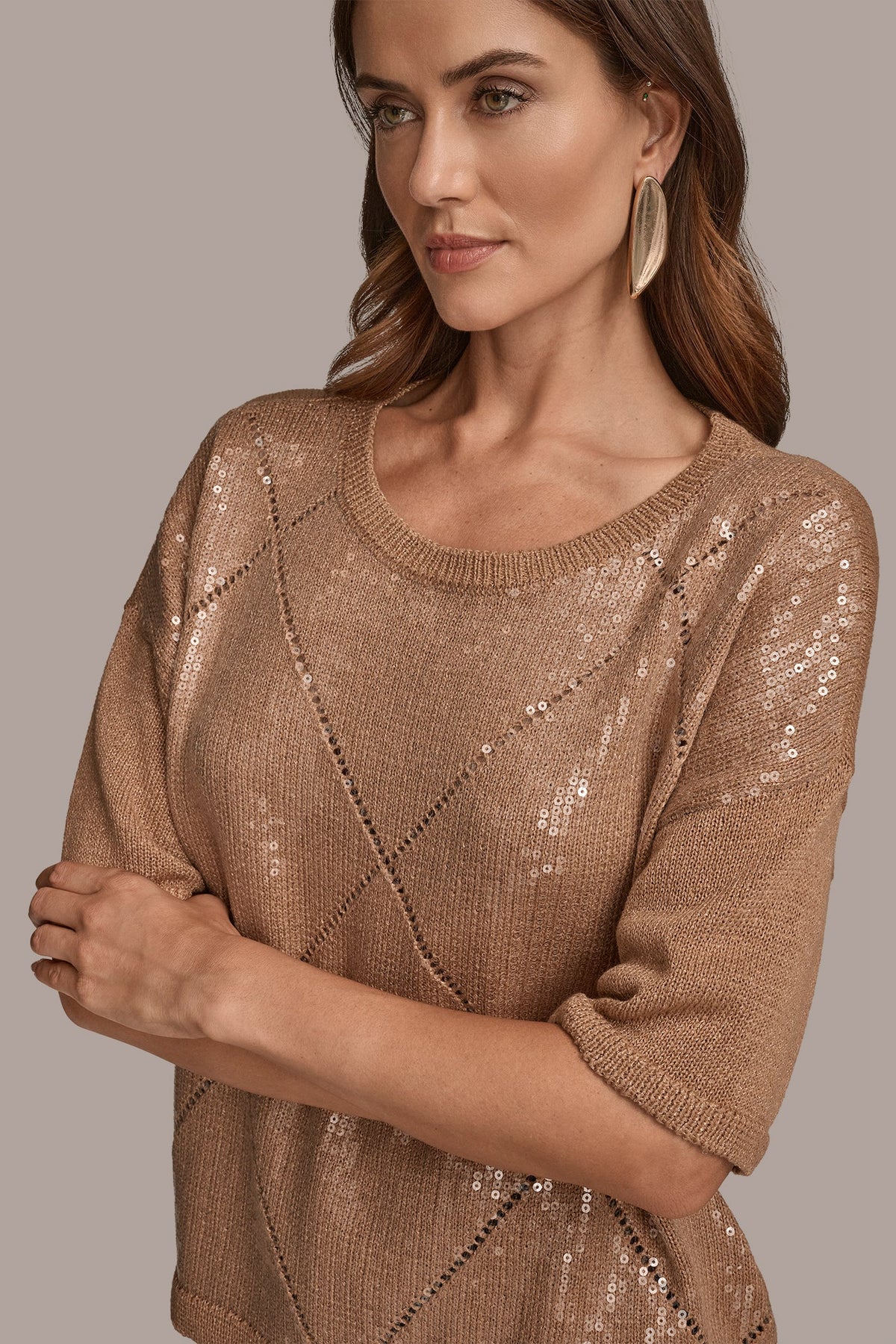 ELBOW-SLEEVE SEQUIN SWEATER - FAWN