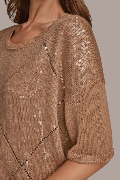 ELBOW-SLEEVE SEQUIN SWEATER - FAWN