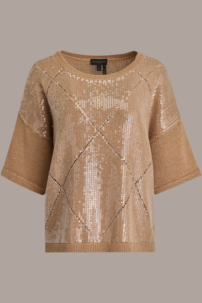 ELBOW-SLEEVE SEQUIN SWEATER - FAWN