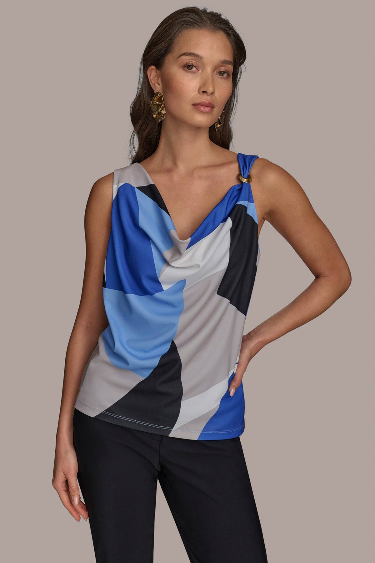 PRINTED COWL NECK TOP - CIELO MULTI